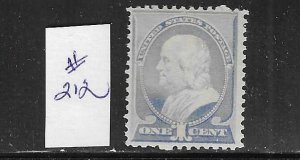 US #212 1883 FRANKLIN 1 CENT (ULTRAMARINE)- MINT NEVER HINGED