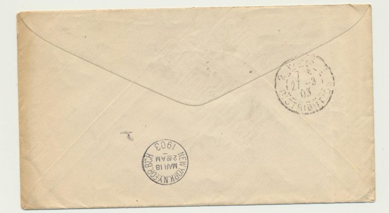 USA - FRANCE 1903 5c ENVELOPE +5c ADDED, NY TO PARIS, NY FOR BCH H/S+PARIS RECVR 