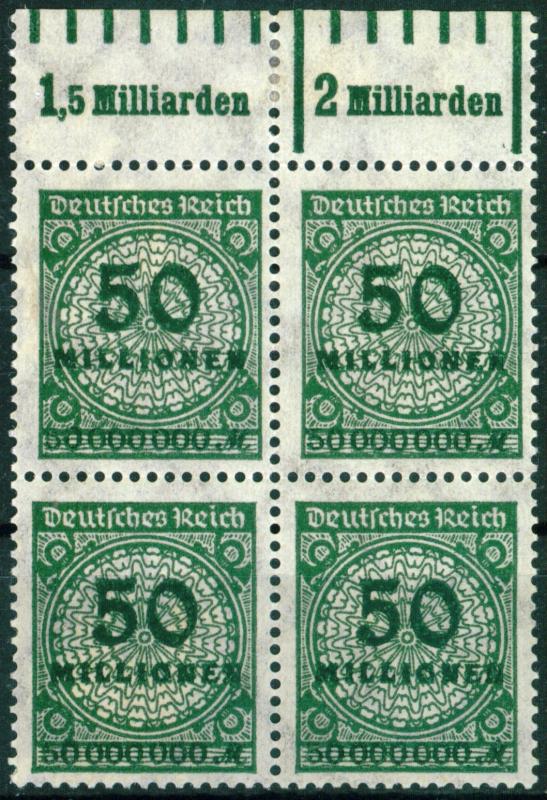 Germany 50M dull green issue of 1923, Scott 281, MNH Counting Block of Four