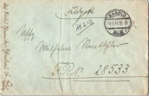 Germany Soldier's Free Mail 1943 Nagold (Wurtt) Feldpost to F.P.N. 28533.  Cr...