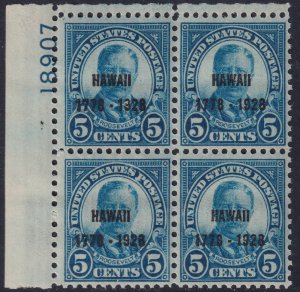 Sc# 648 U.S. 1928 Hawaii 1778-1928 overprint 5¢ plate # block MNH CV $375.00