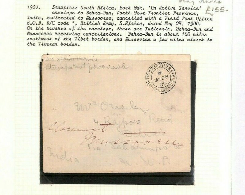 South Africa BOER WAR Soldier Letter 1900 INDIA MAIL *North-West Frontier* Ap126