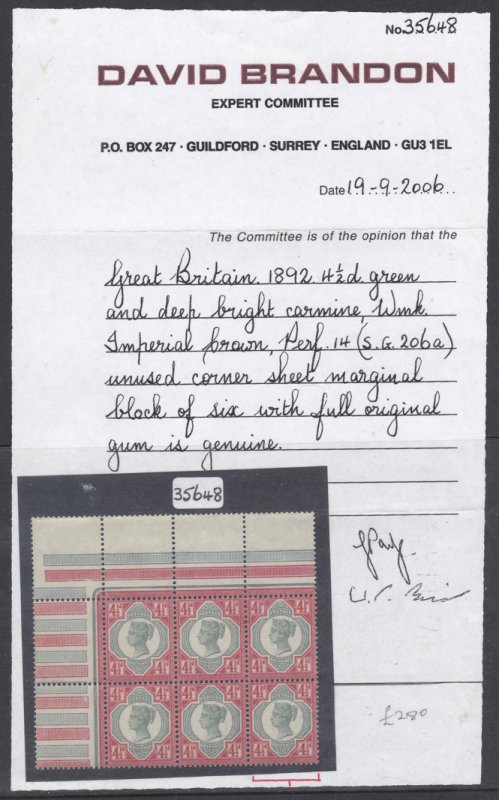 Sg206a Spec K34(3) 4½d Green & Dp Bright Carmine Jubilee W/ Brandon Cert  U/M