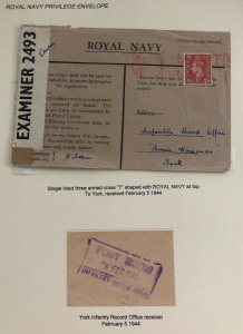 1944 England Royal Navy Privilege Envelope Censores Cover To York