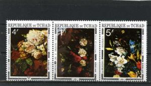 CHAD 1971 PAINTINGS FLOWERS STRIP OF 3 STAMPS MNH