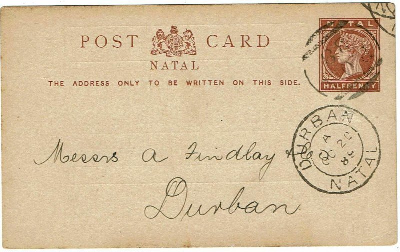 Natal POA 38 (Elizabeth, 1896-1901) cancel on postal card to Durban