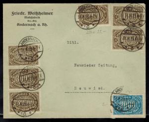 1923 Andernach Germany Inflation cover to Neuwieder Zeitung 20000 RM