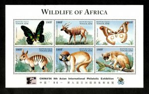 Togo 1996 - Wildlife of Africa, Antelope, Butterflies - Sheet of 6 - 1688 - MNH