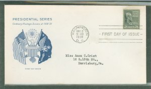 US 828 1938 24c Benjamin Harrison (presidential/prexy series) single on an addressed (typed) first day cover with a Grimsland ca