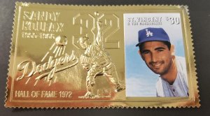 St. Vincent 1997 - Sandy Koufax Dodgers Baseball Hall of Fame - Gold Stamp - MNH