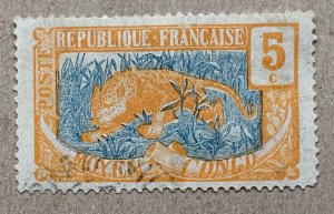 Middle Congo 1922 5c yellow  & blue Leopard, used.  Scott 5, CV $1.10