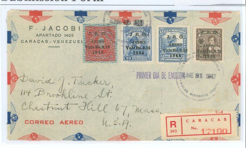 Venezuela  1947 Reg. Air FDC to MA