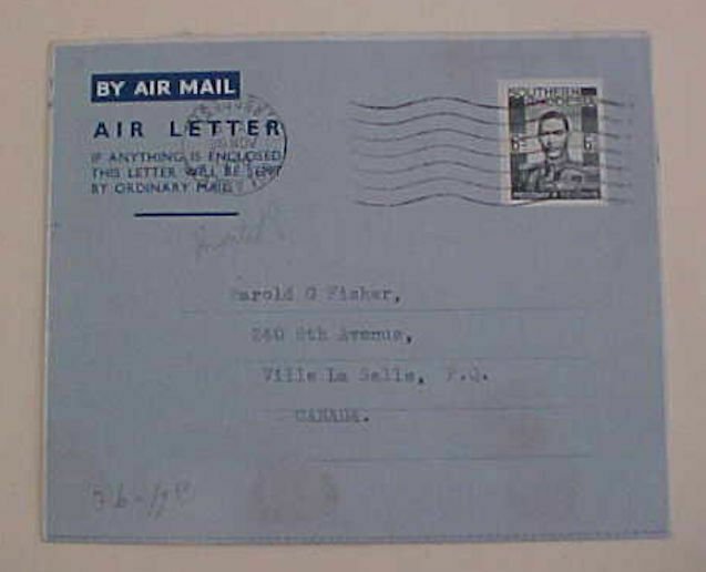 SOUTHERN  RHODESIA   AIR LETTER 1948 TO CANADA