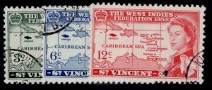 ST. VINCENT QEII SG201-203, 1958 Caribbean set, FINE USED.