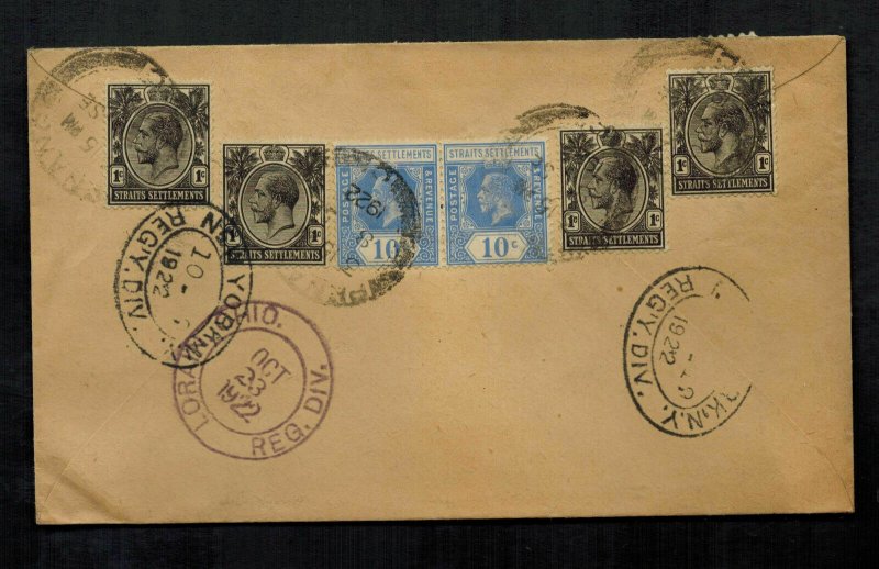 1922 Penang Straits Settlement Singapore Cover to USA
