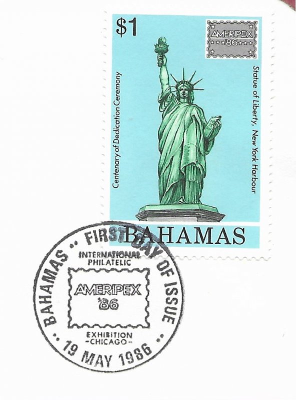 Statue of Liberty Bahamas. #601. 1986  FDC with write up.