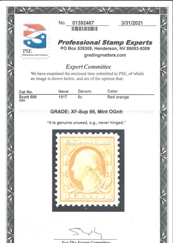 506 Mint,OG,NH... PSE graded XF/Superb 95... SMQ $175.00