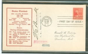 US 827 22c Grover Cleveland (part of the 1938 Presidential/prexy series) single on a registered addressed first day cover with a