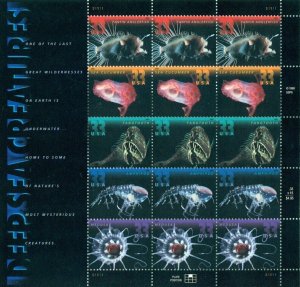 US: 1999 DEEP SEA CREATURES; Complete Sheet Sc 3439-43; 33 Cent Values