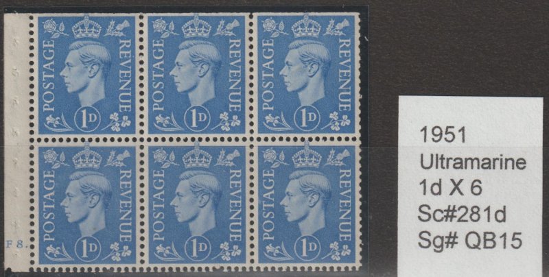 Great Britain Scott# 281d cyl F8. 1951 KGVI VF MH Booklet Pane