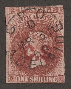 SOUTH AUSTRALIA Chief Secretary 'C.S.' red on QV 1/- rouletted. with Certifcate.