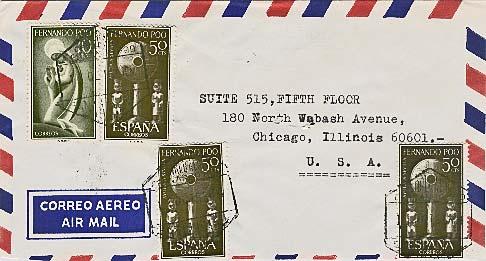 Fernando Poo 50c Seville Flood (3) and 10P Virgin Mary 1965 Correo Aereo Fern...