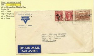 25c half ounce Airmail rate via Alexandria to IRAQ, 1938 cover Canada 