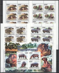 A0934 2011 Burundi Fauna Wild Animals Hippopotamuses !!! 10Set+1Kb Mnh