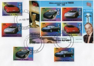 Senegal 1999  Sc#1346  De Tomaso Automobiles Anniversary Set +S/S perforated FDC