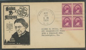 US 784 1936 3c Susan B Anthony/women's suffrage (block of four) on an addressed(typed) First Day cover with a cachet by ...