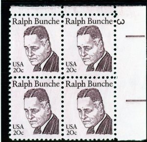 US  1860   Ralph Bunche  20c -  UR Plt Blk of 4  -MNH -Plt #3 - $6 Durland Value