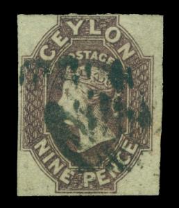 British CEYLON  1859 Queen Victoria 9p purple brown Scott# 9 (SG 8) used -scarce