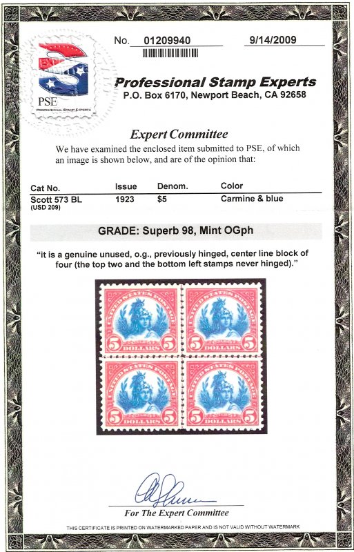 573 Mint,OG,NH... Centerline Block of 4... PSE Graded 98-Superb