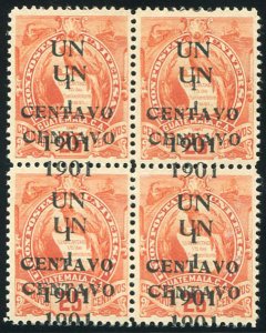 Guatemala #110b, 1901 1c on 25c red orange, double surcharge, block of four, ...
