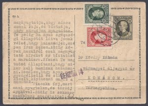 SLOVENIA 1939 CENCORED UPRATED POSTAL CARD TO VARMEGYEMAZA