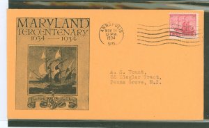 US 736 1934 3c Maryland Tercentenary (single) on an addressed first day cover with a Catonsville High School stamp club cachet.