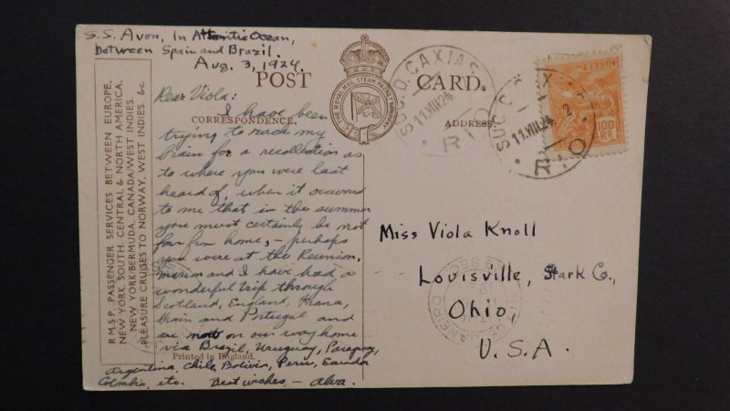 1924 Ship Postcard Cover Suc D Caxias England to Louisville Ohio RMSP Avon