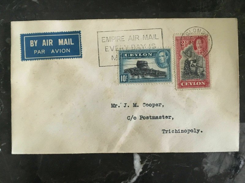 1938 Colombo Ceylon Flight Cover to Trichnopoly India Empire Air Mail 