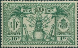 New Hebrides 1925 SG44 1d 10c green Weapons Idols MLH