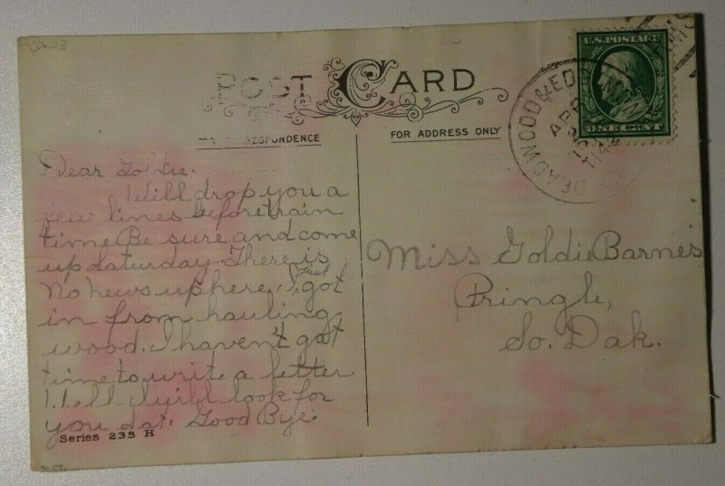 US Sc#331 or 374 Used On Postcard 1912 RPO Deadwood & Edgemont RR Postmark