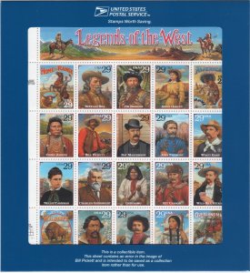 Scott #2870 29¢ Legends of the West (Recalled) Sheet of 20 Stamps - Sealed #2