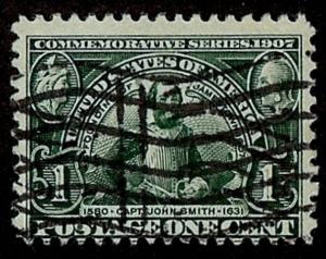 US Scott 328 1c Jamestown 300th John Smith USED F/VF NH Machine Cancel 1907