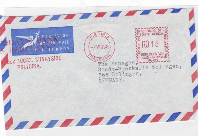 pretoria 1968 transvaal airmail stamp cover  Ref 10052