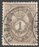 NORWAY 1877 Sc 22  1 ore Post Horn Used, VF, 1880 postmark