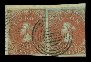 CHILE 1855 COLUMBUS 2nd London(Perkins Bacon) 5c brn Sc# 8 corner PAIR pos. 1+2