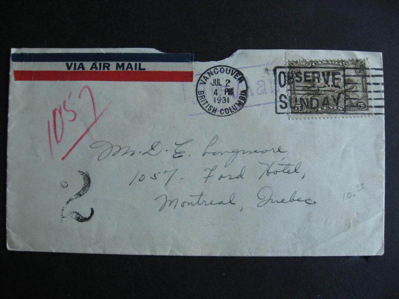 CANADA odd 1931 cover postage due?, purple Hotel Ford Montreal cancel on back! 