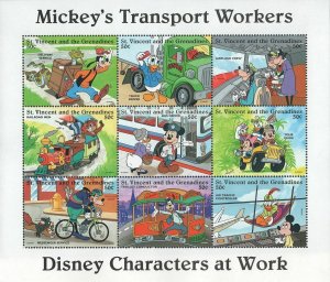 St. Vincent Disney Mickey's Transport Workers Car Train Bus Souv. of 8 MNH