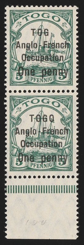 TOGO - BRITISH OCCUPATION 1914 'One Penny' on 5pf pair, variety 'TOG for TOGO'
