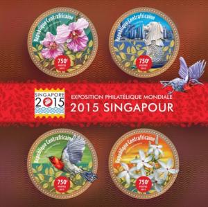 CENTRAFRICAINE 2015 SHEET PHILATELIC EXHIBITION SINGAPORE FLOWERS BIRDS