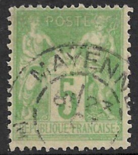 FRANCE 1898-1900 5c Yellow Green SAGE TYPE Sc 105 VFU MAYENNE cds